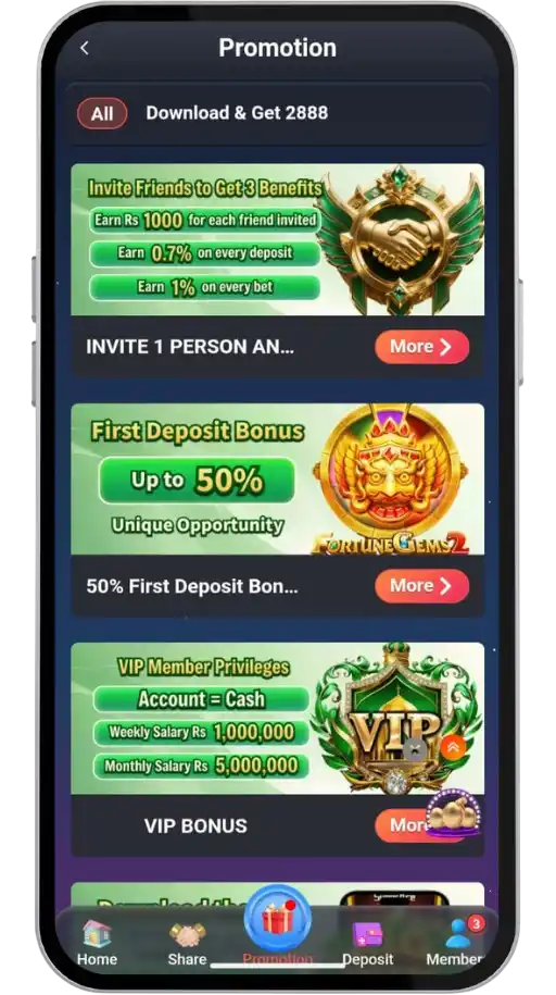 2888bet Game promotions: Rs1000 referral 50 percent first deposit VIP salary