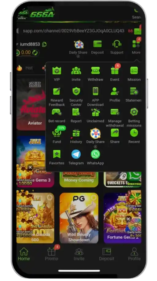 666A game home image shows the menu, games, and all required feilds.