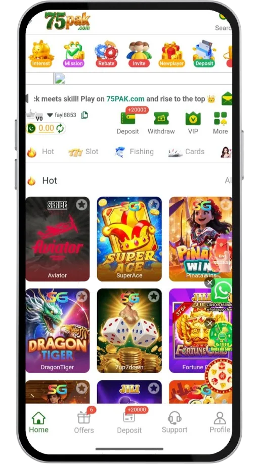 75PAK Game's homescreen shows a variety of popular casino games