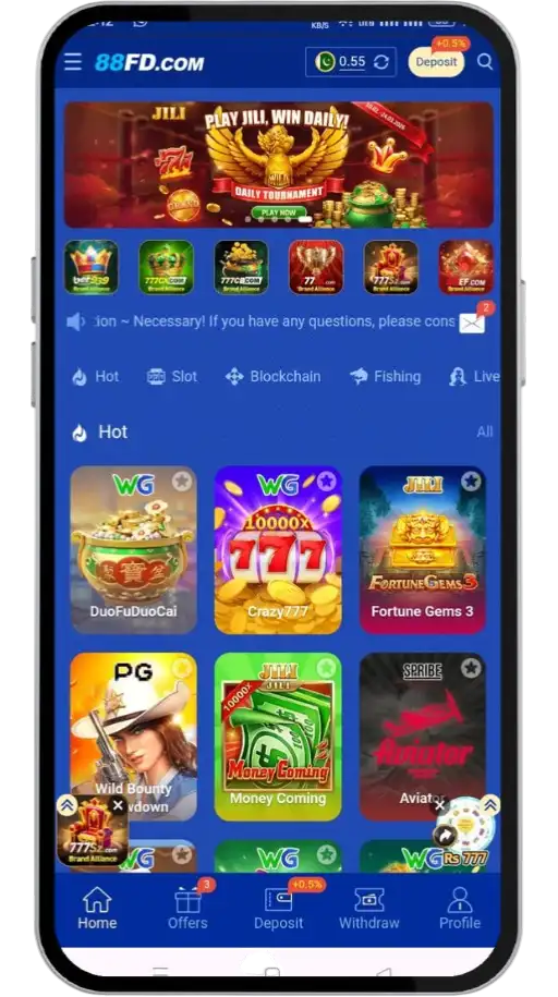 The 88FD game home screen shows a variety of games.