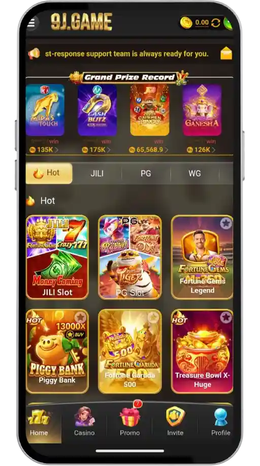 9J Game home screen shows a variety of popular games.