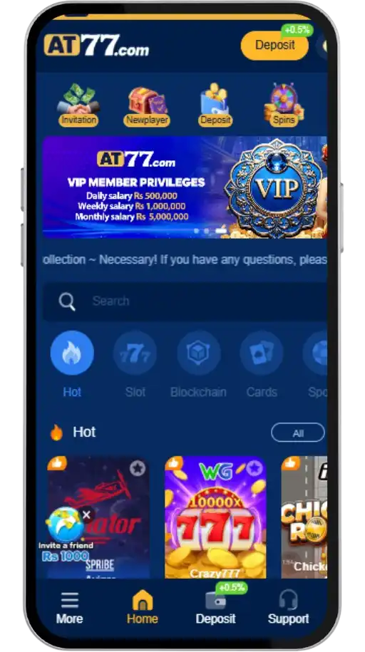 AT777 Game homescreen shows popular games