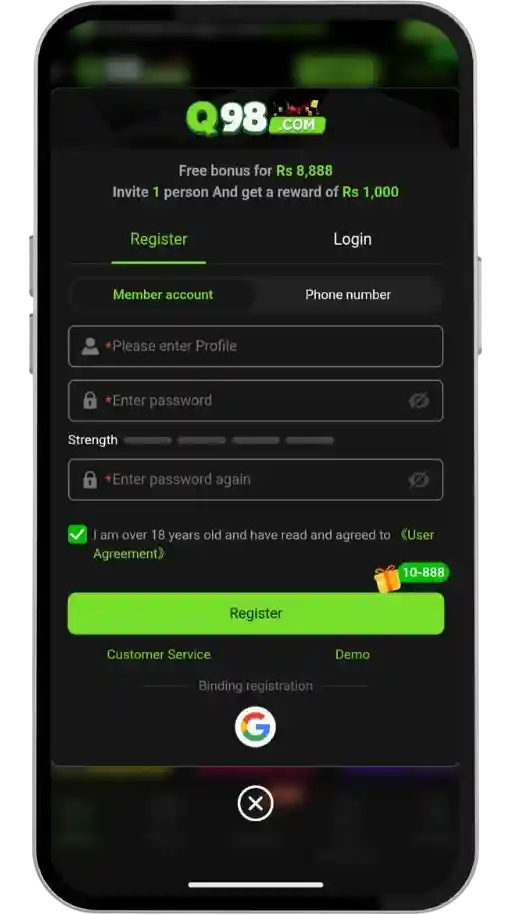 Q98 Game App | 2026 Official APK Free Download on Android 4 Q98 Game App | 2026 Official APK Free Download on Android Account registration screen of Q98 Game