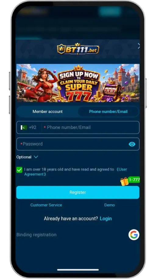The image shows BT111 game account registration screen