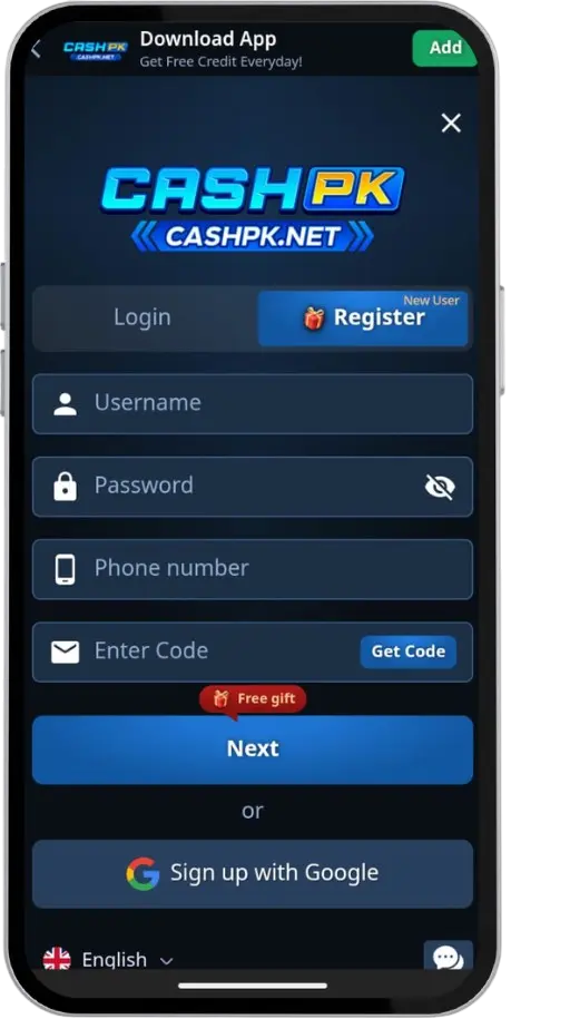 CashPK game Registration screen