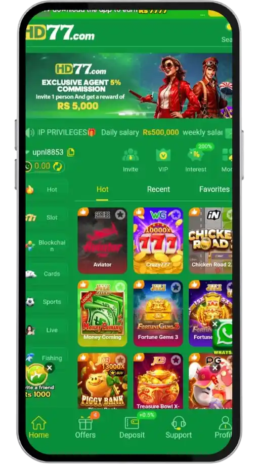 HD77 Game lobby showing slots Teen Patti and Dragon Tiger categories
