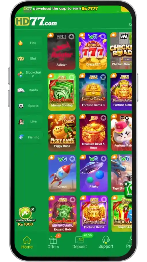 HD77 Game lobby showing slots Teen Patti and Dragon Tiger categories
