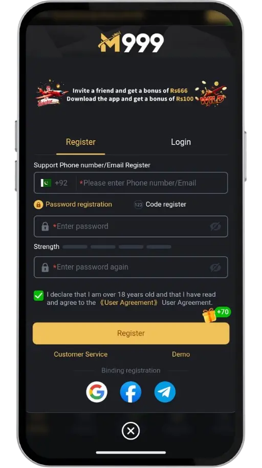 The image shows M999 Game account registration process