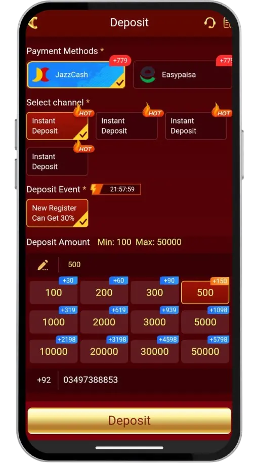 N999 Game Mobile Deposit Screen - JazzCash and Easypaisa options