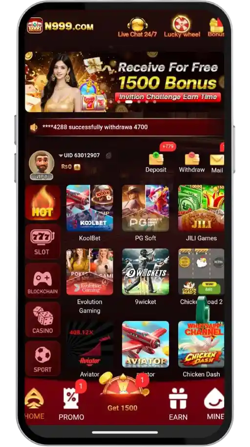 N999 Game App Home Screen and Interface