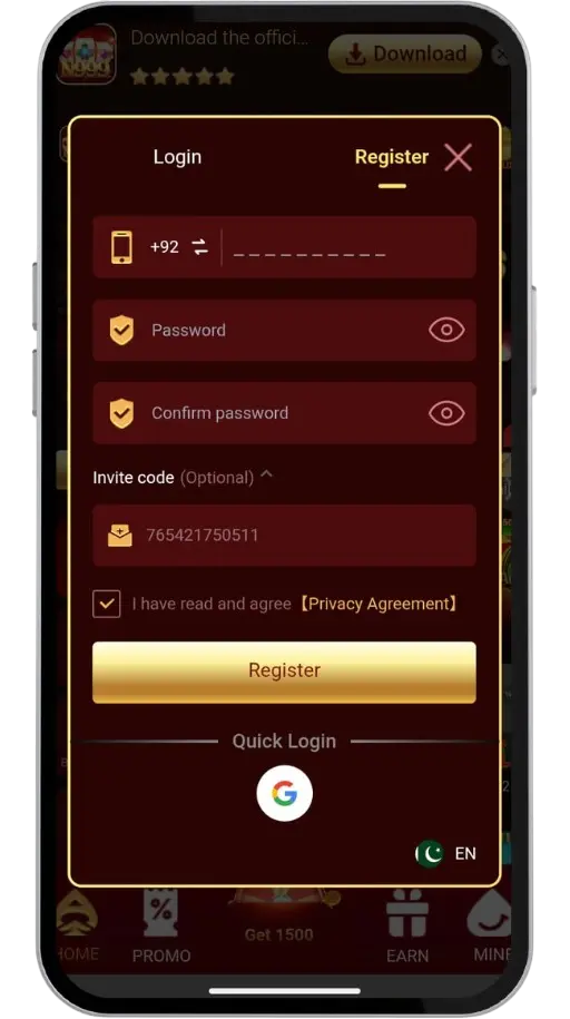 N999 Game App Registration and OTP Verification Screen