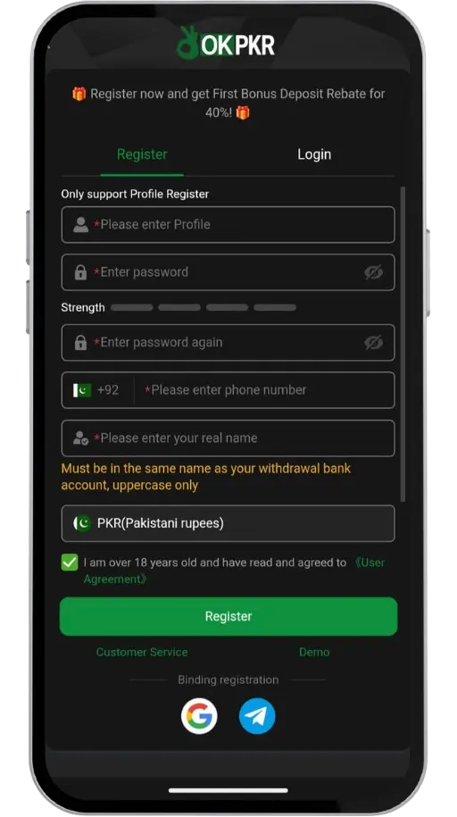 OKPKR Game Sign UP Screen