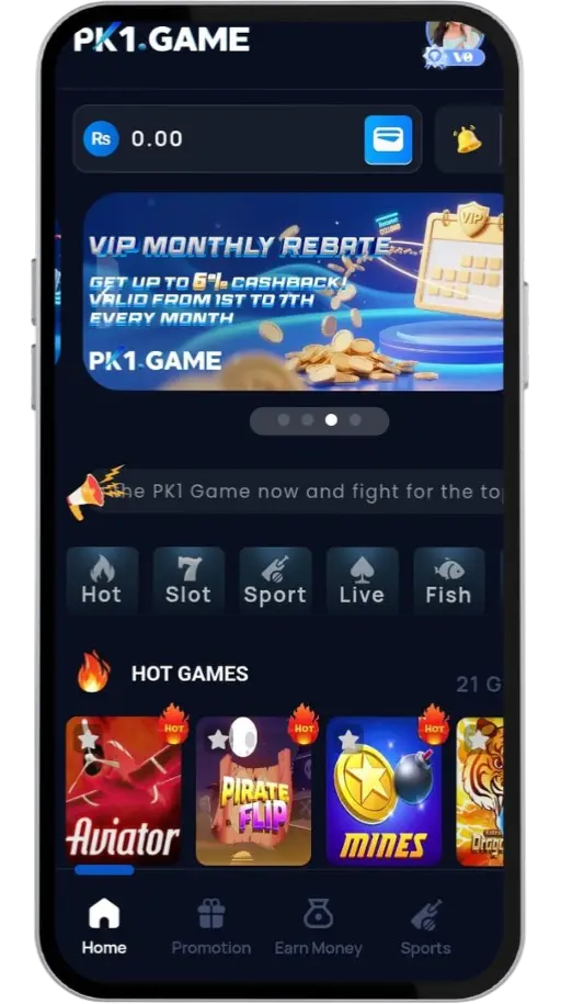 Official PK1 game download APK 2026 home screen shows earning games in Pakistan.