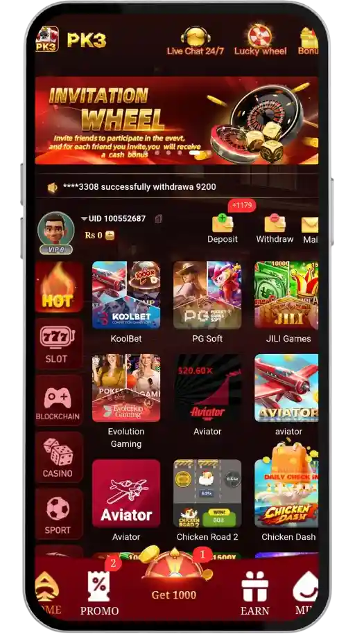 PK3 Game Home Screen shows game varieties.