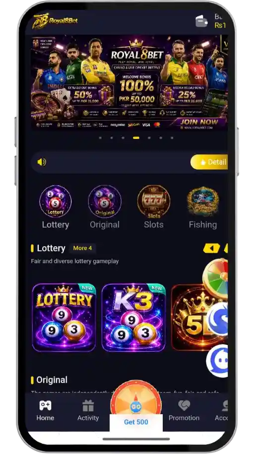 Royal8Bet App home screen on android devices