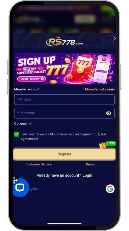 The image shows Rs778 sign-up screen.