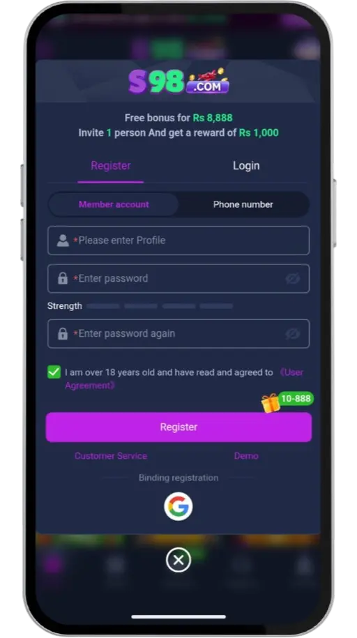 S98 Game sign-up: claim the Rs 8,888 welcome bonus.