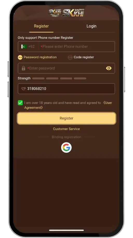 SKKHI Game's sign-up screen on android.