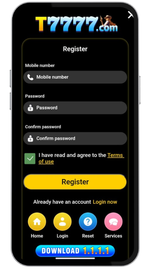 T7777 Game sign up steps on screen