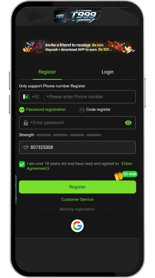 T999 game account registration steps show in image