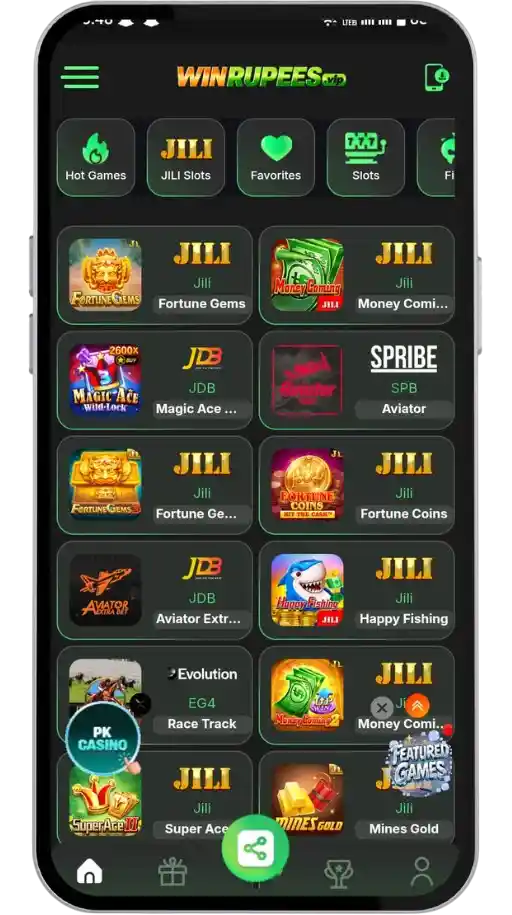 The image shows Winrupees game categories.