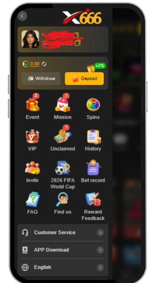 X666 Game App Menu on Android mobile