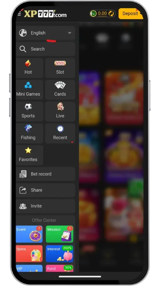 XP777 Game main menu on android