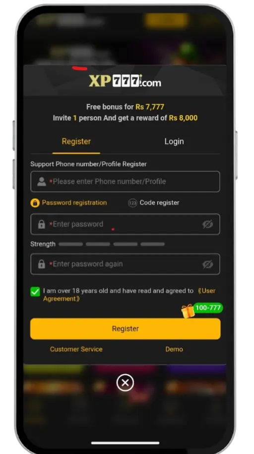 XP777 Game account sign-up steps
