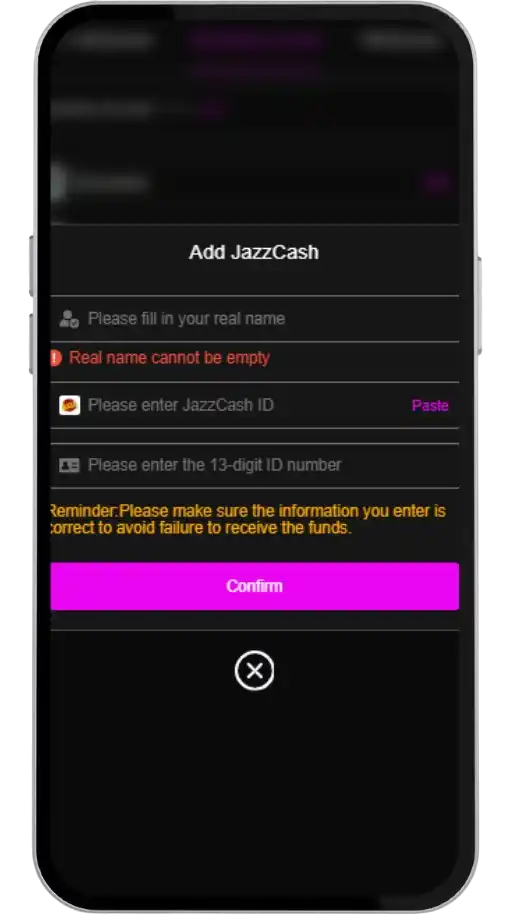 Y888 Game bind JazzCash withdrawal 13 digit CNIC Pakistan