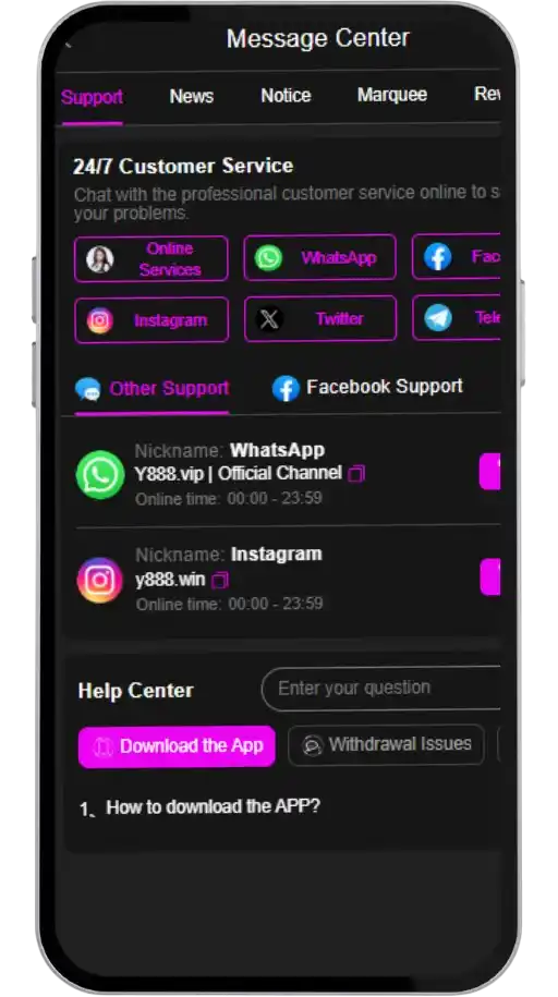 Y888 Game message center 24/7 customer support WhatsApp Telegram Pakistan