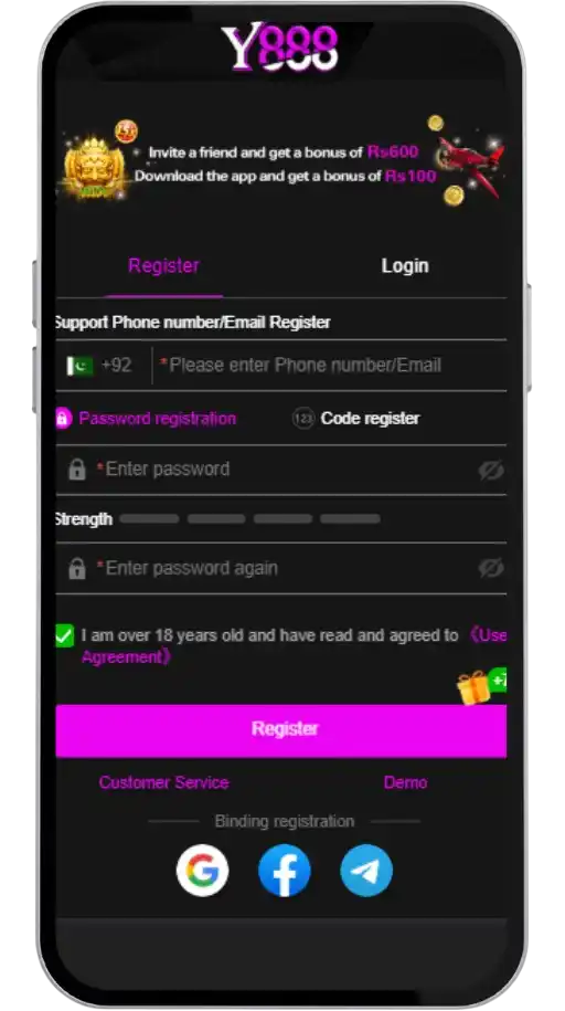Y888 Game register screen Rs600 referral bonus Rs100 download bonus Pakistan 2026