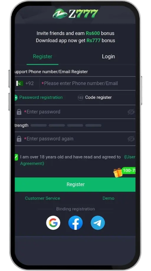 z777 game account registration screen